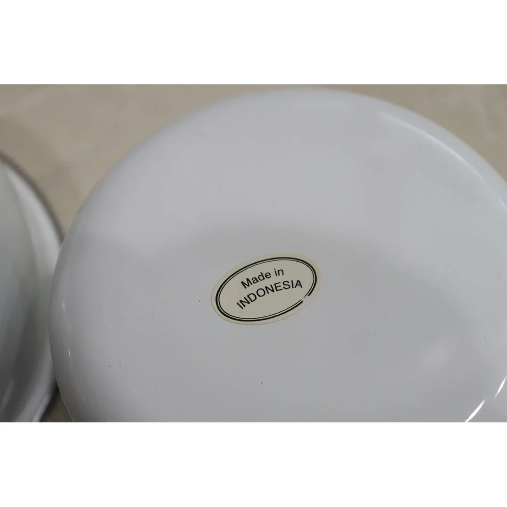 Vintage Enamelware Pink Rose Floral Nesting Bowls Set of 2 White Silver Rim